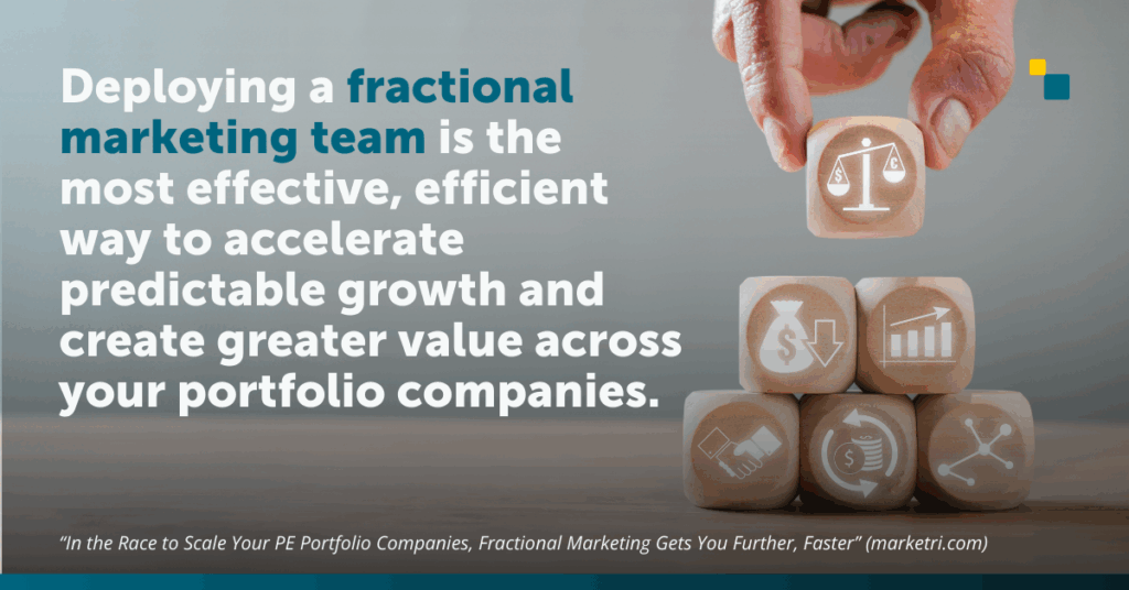 Conceptual image illustrating private equity with icons for financial growth, investment strategies, and business development. Text overlay reads, "Deploying a fractional marketing team is the most effective, efficient way to accelerate predictable growth and create greater value across your portfolio companies."