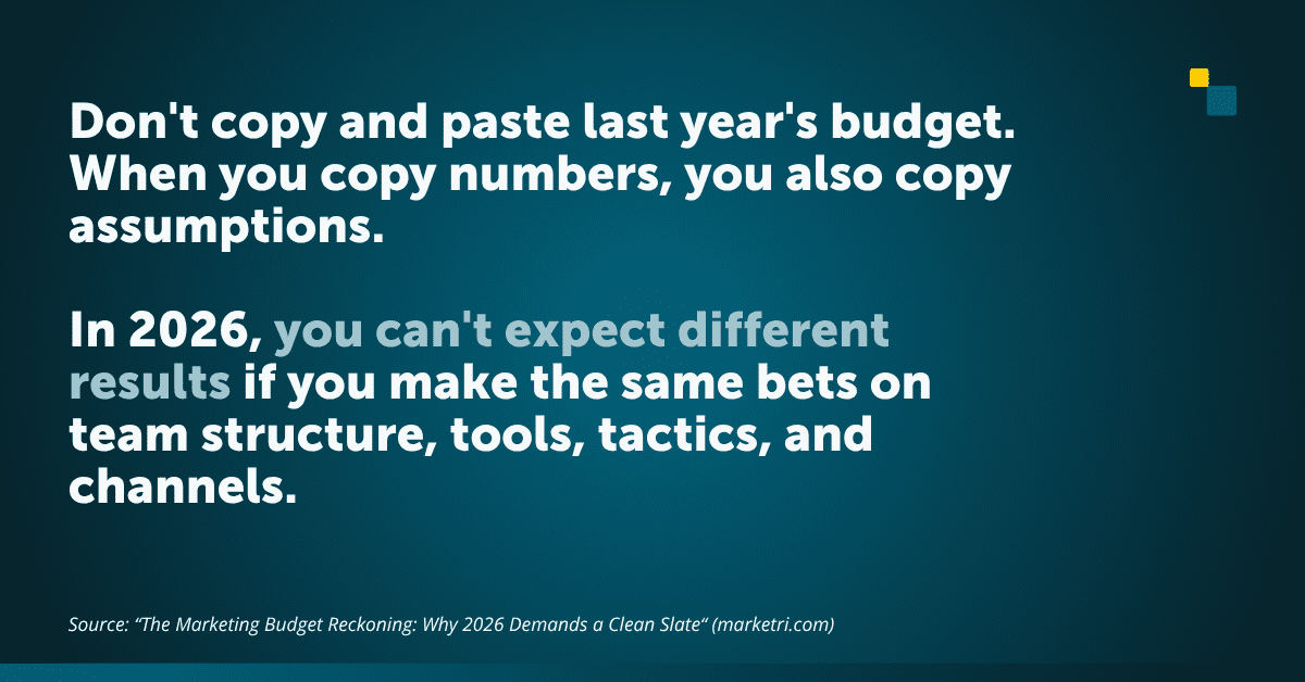 Don't copy and paste last year's budget. When you copy numbers, you also copy assumptions. In 2026, you can't expect different results if you make the same bets on team structure, tools, tactics, and channels.