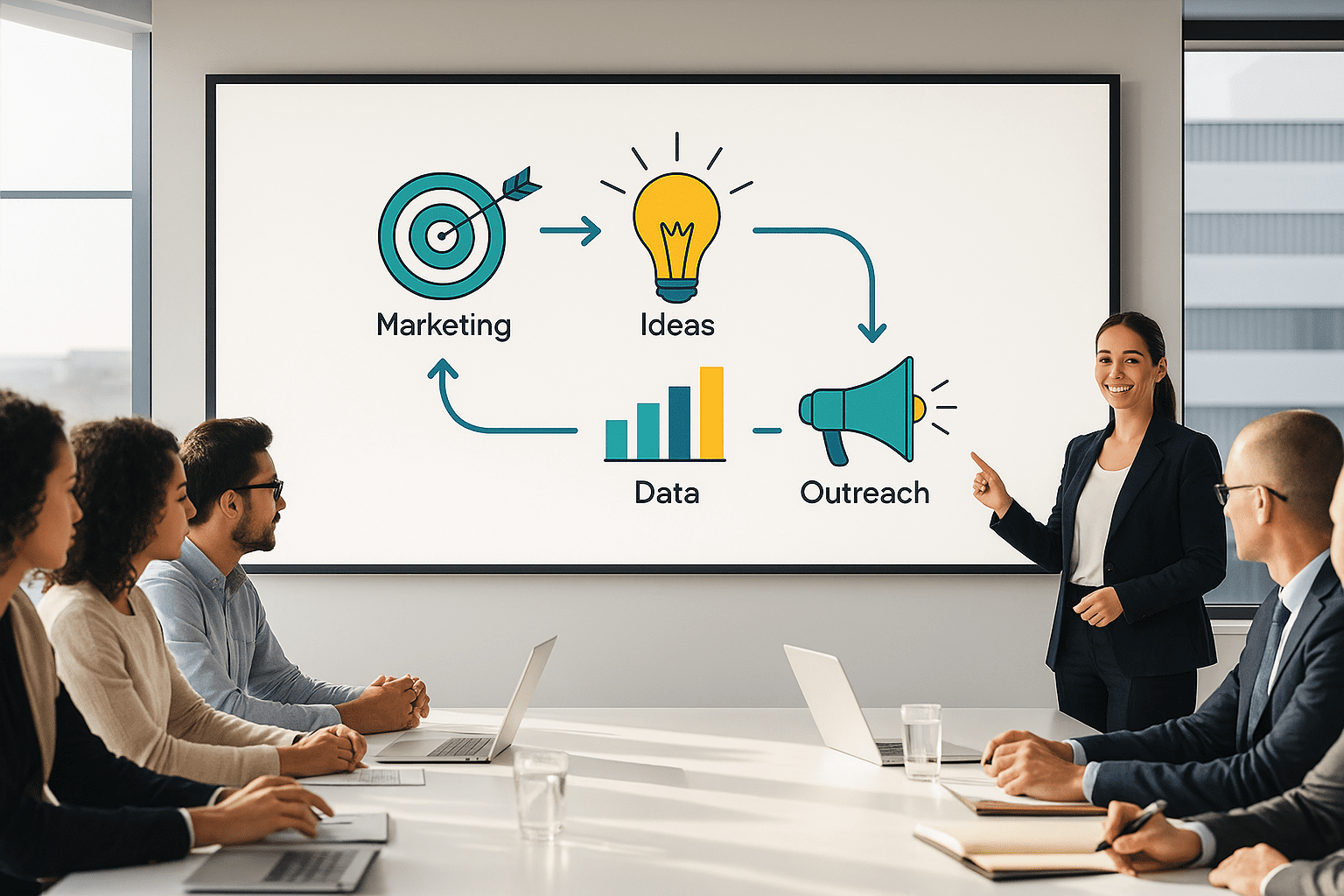 Businesswoman presenting a marketing plan strategy with visuals for marketing, ideas, outreach and data.