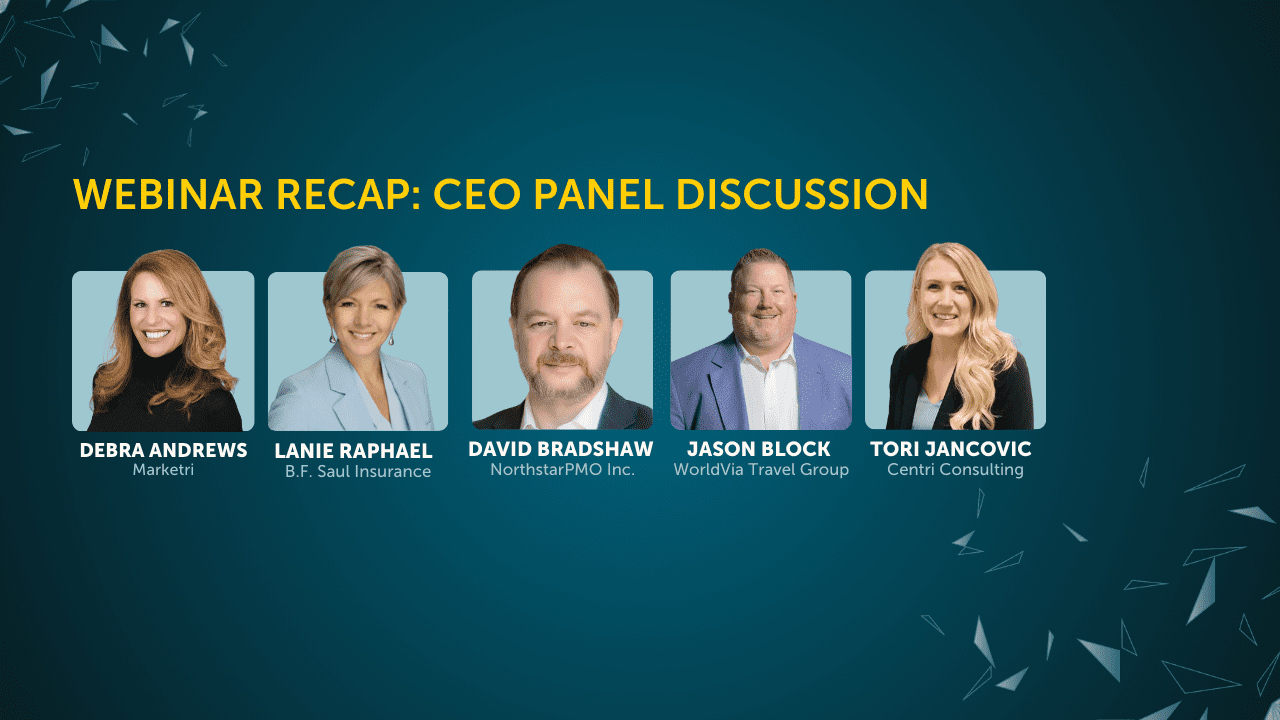 Webinar banner featuring CEO panel speakers Debra Andrews of Marketri, Lanie Raphael of B.F. Saul Insurance, David Bradshaw of NorthstarPMO, Jason Block of WorldVia Travel Group, and Tori Jancovic of Centri Consulting discussing fractional leadership strategies