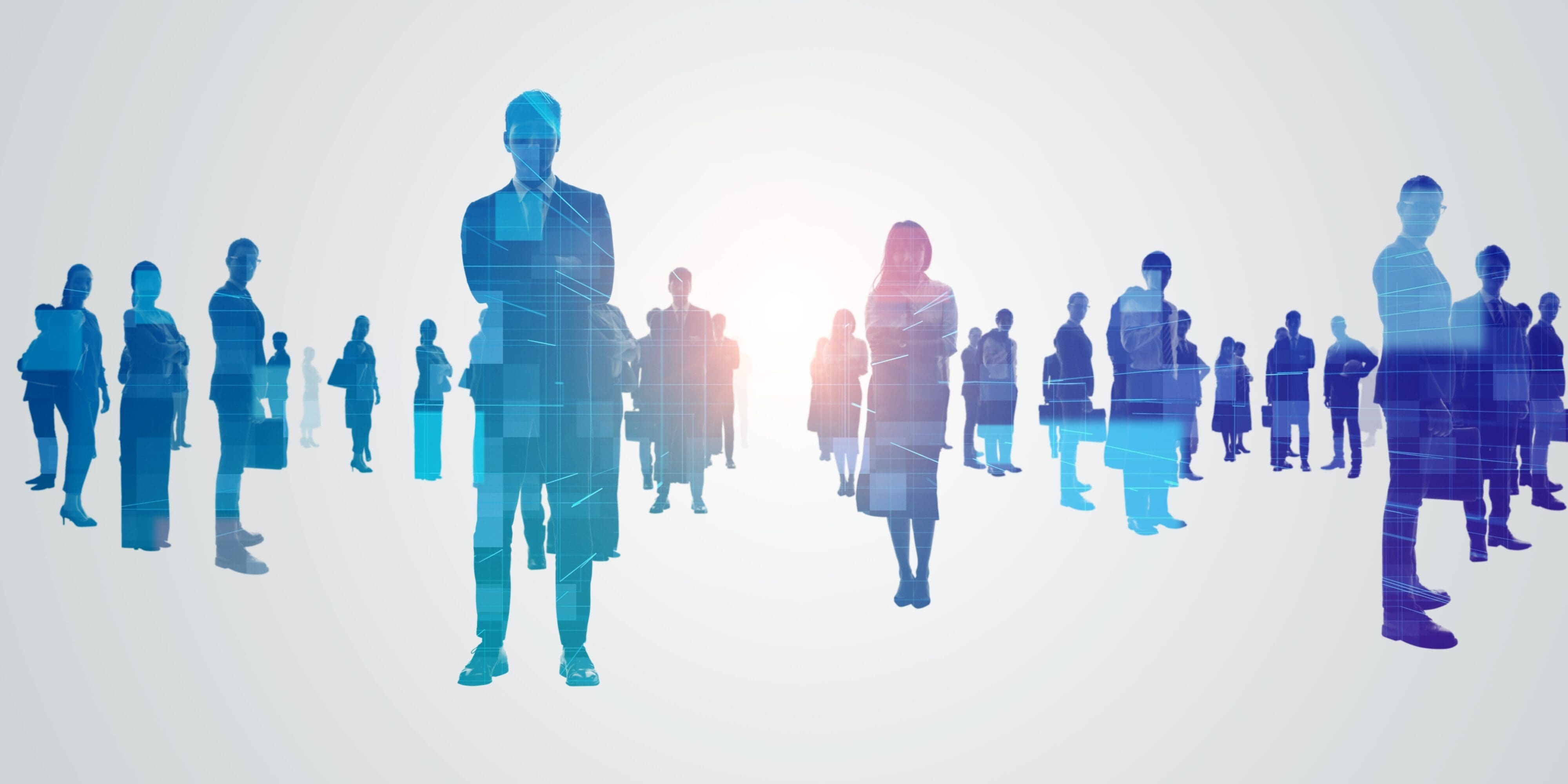 Business professionals with digital network overlay symbolizing CMO strategic leadership and marketing team collaboration