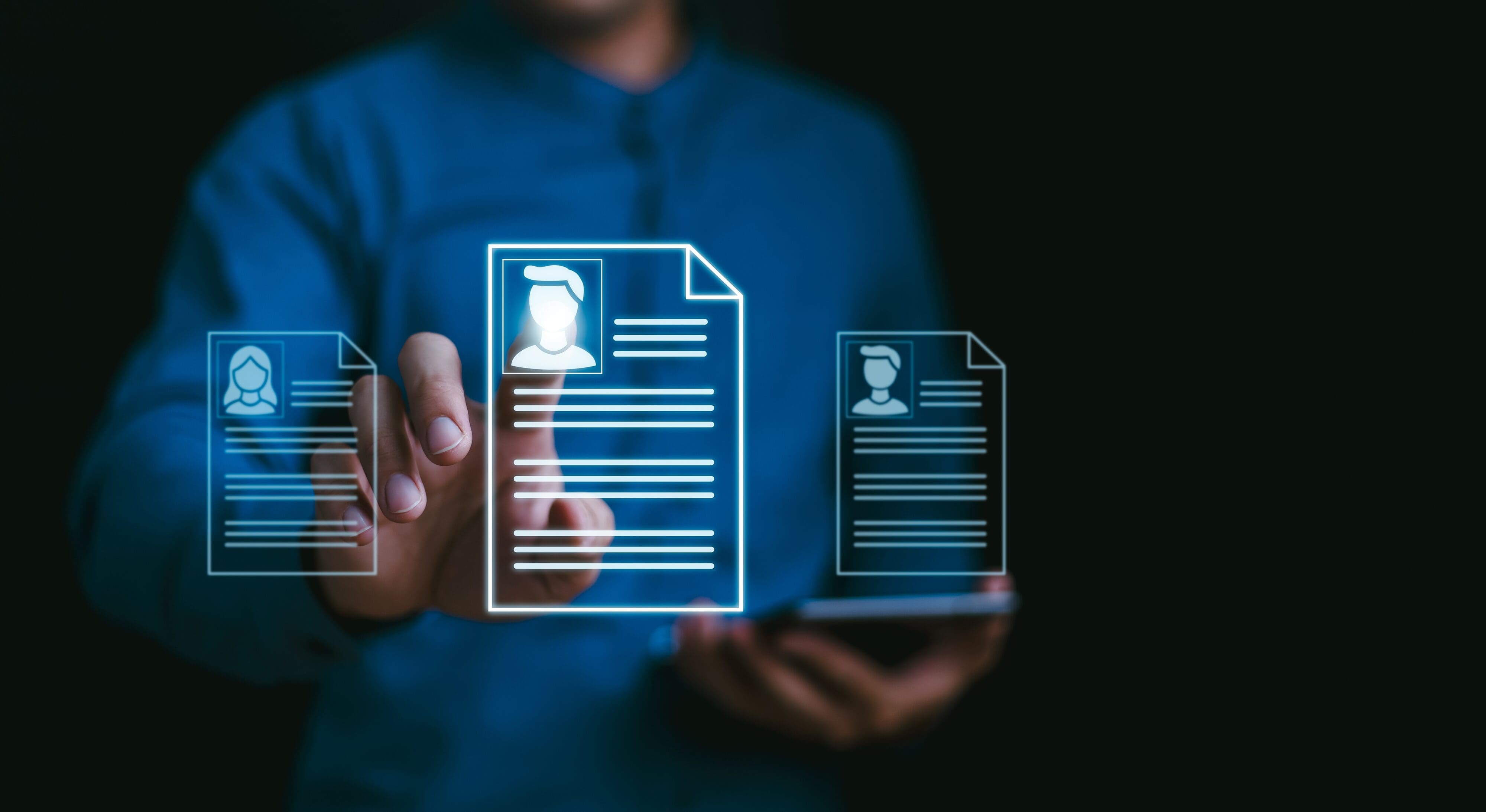 Digital resume profiles displayed on a virtual interface, symbolizing marketing job searches and hiring in an AI-driven world.